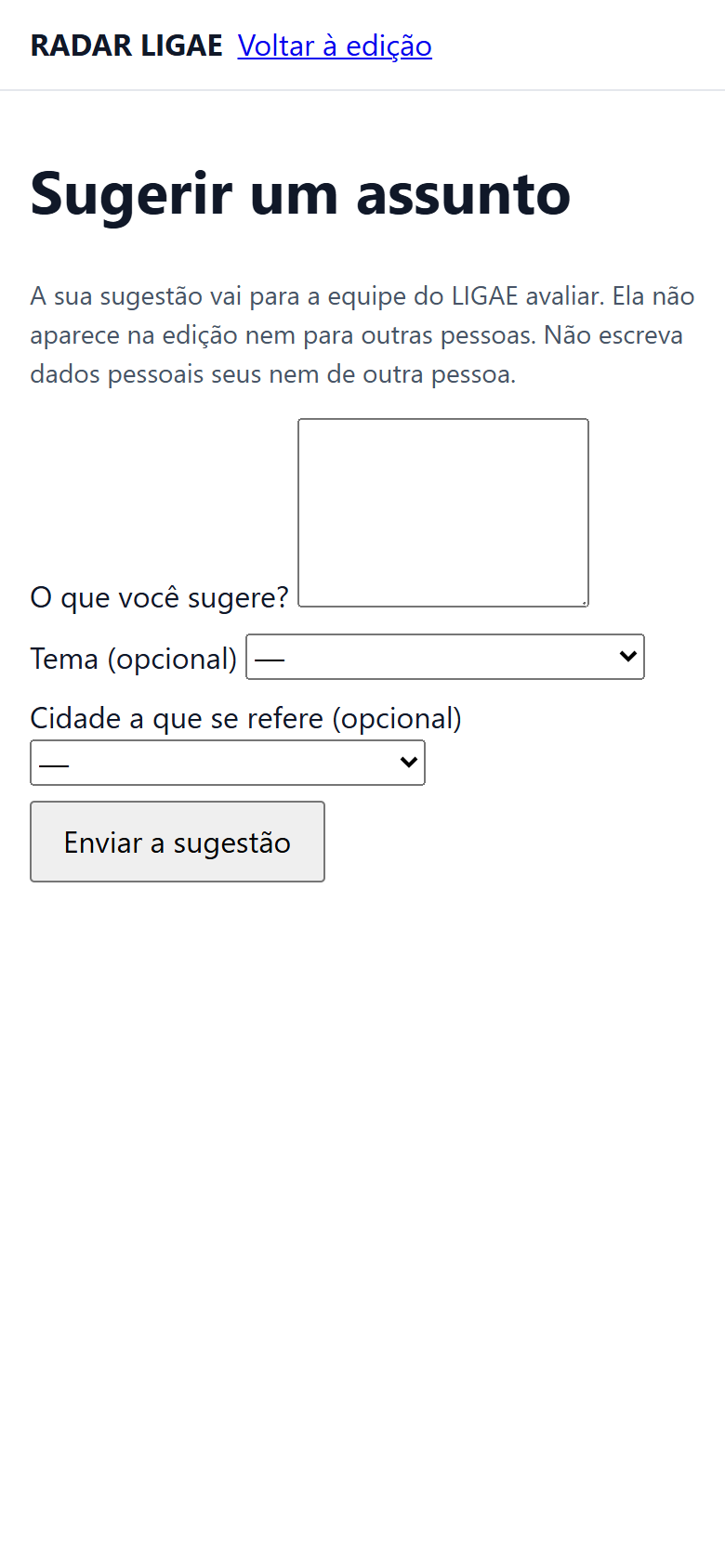 Tela para sugerir um assunto
