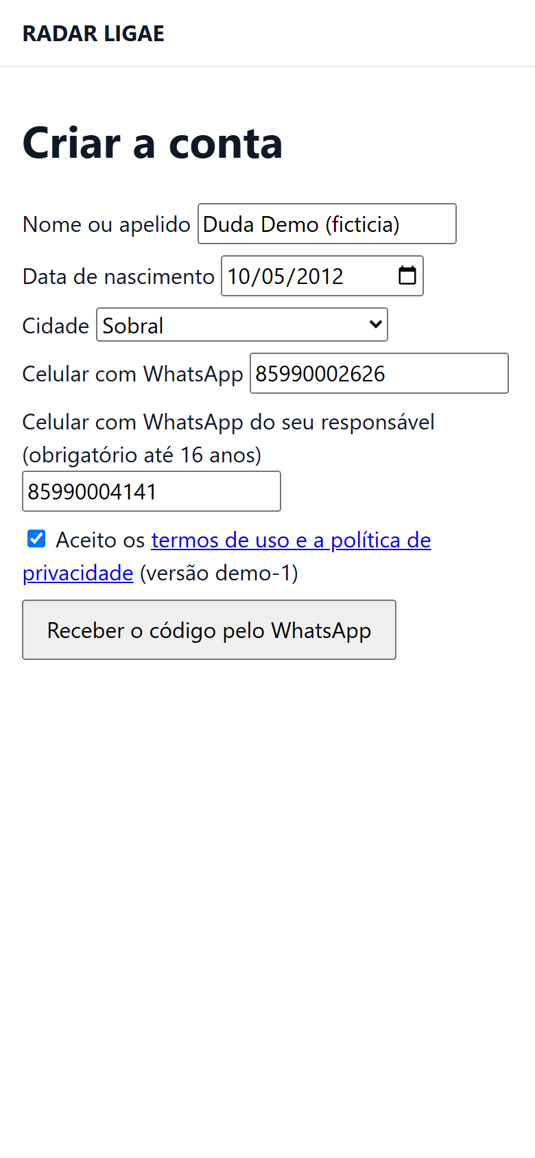 Tela de criar conta, com o celular do responsável obrigatório até 16 anos