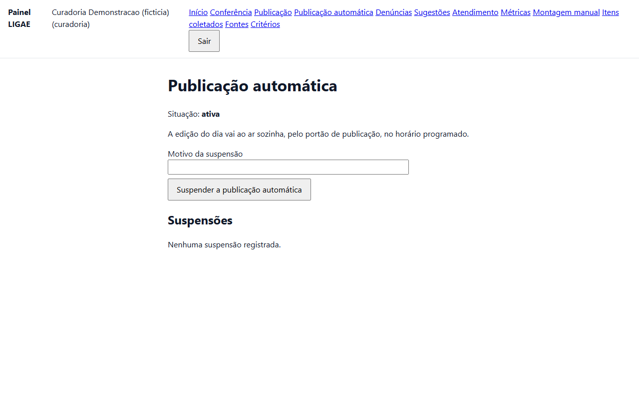 Tela do freio de emergência para suspender a publicação automática